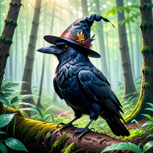 Picture of a crow in a hat in the forest