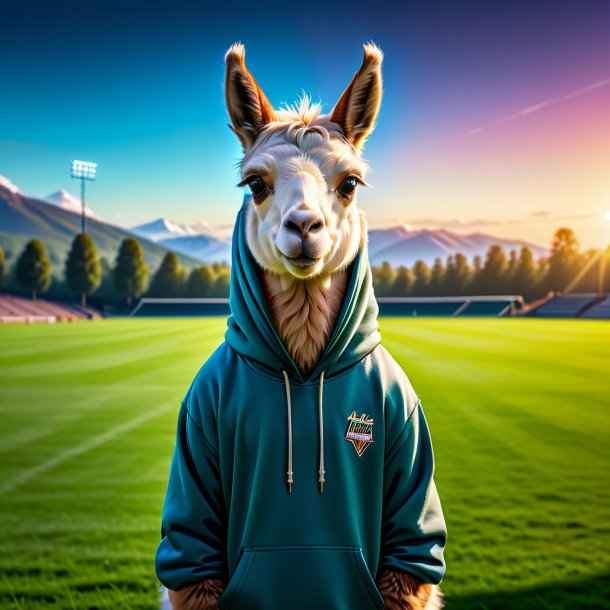 Photo of a llama in a hoodie on the field