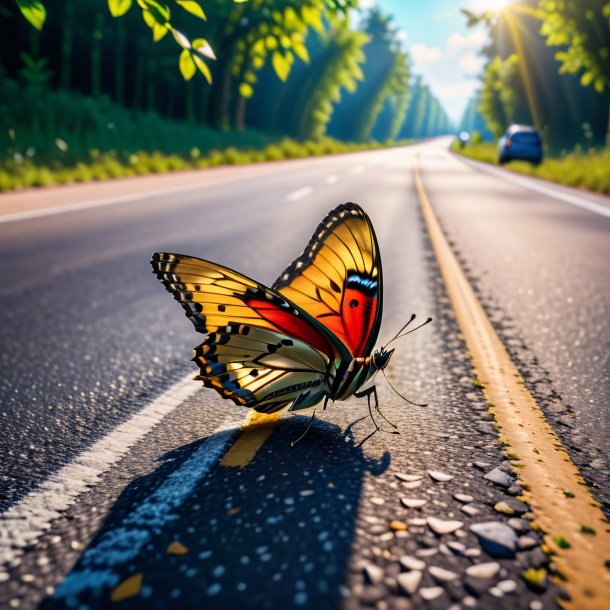 Imagem de um descanso de uma borboleta na estrada