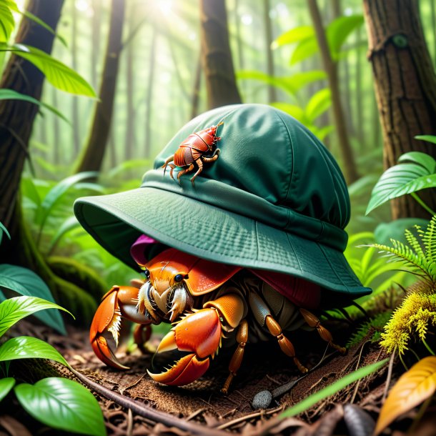 Illustration of a hermit crab in a cap in the forest