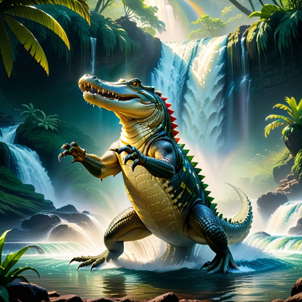 Image of a dancing of a crocodile in the waterfall