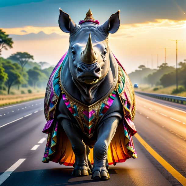 Image of a rhinoceros in a dress on the highway