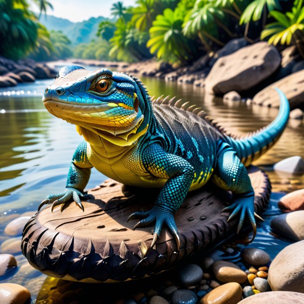 Foto de um lagarto monitor em um sapato no rio