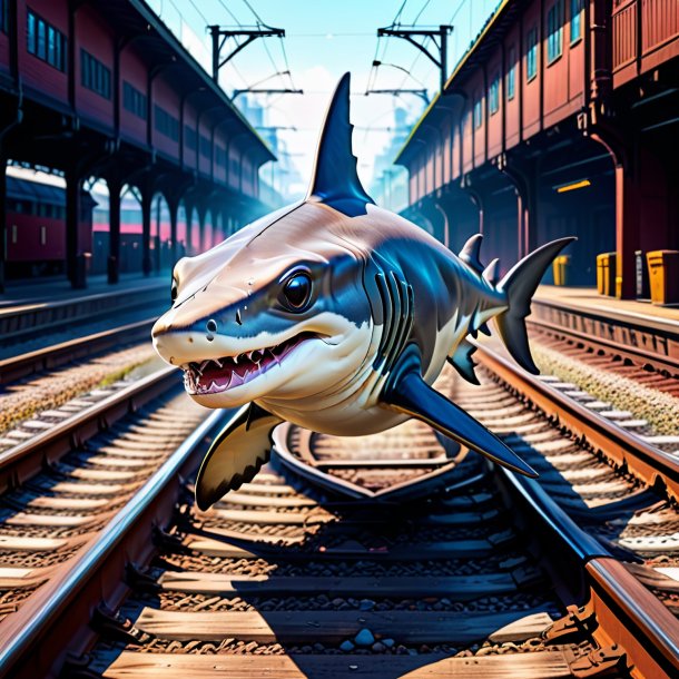 Drawing of a hammerhead shark in a cap on the railway tracks