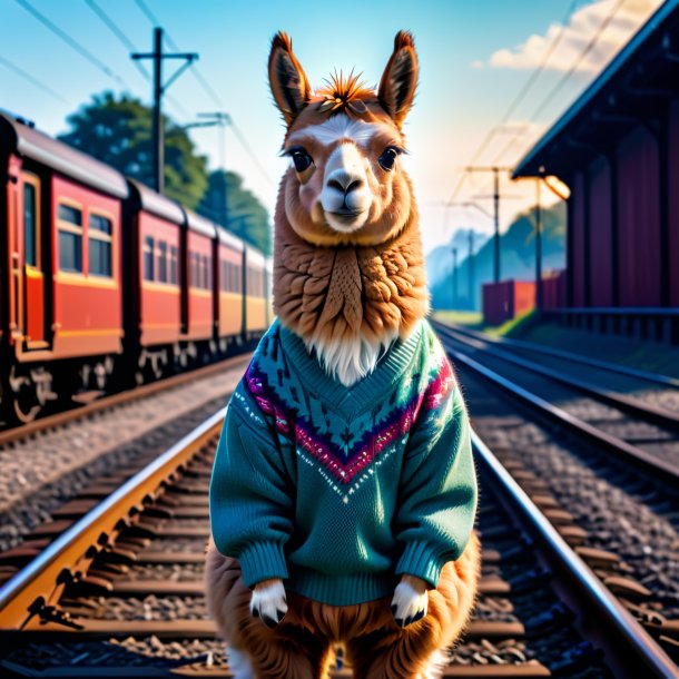 Foto de una llama en un suéter en las vías del tren