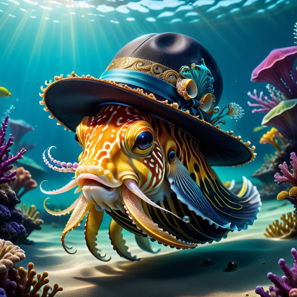 Drawing of a cuttlefish in a hat in the water