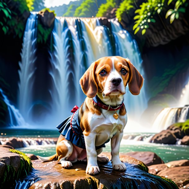 Photo of a beagle in a skirt in the waterfall