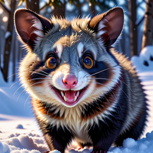 Photo of a smiling of a possum in the snow