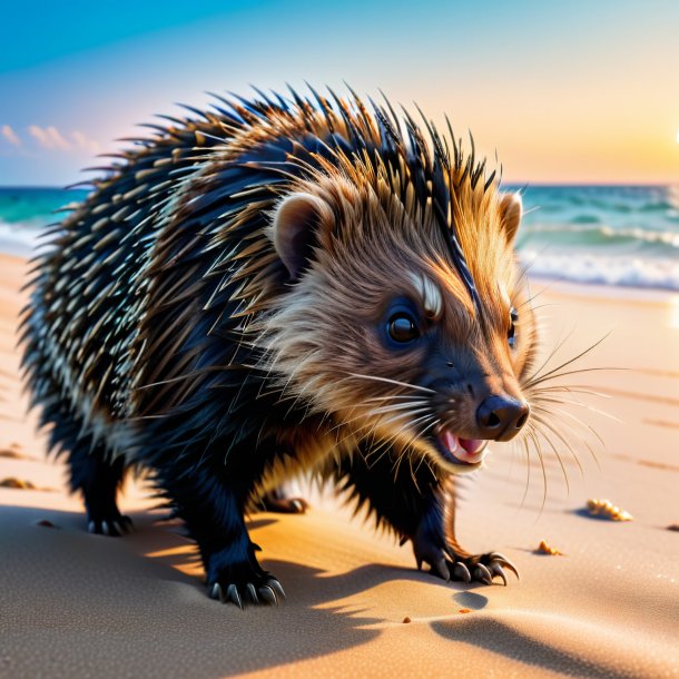 Foto de uma ameaça de um porco-espinho na praia