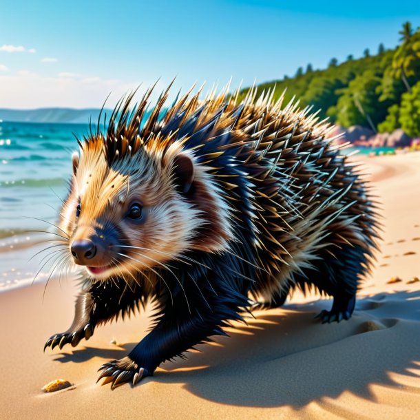 Imagem de uma natação de um porco-espinho na praia