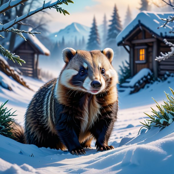 Image of a waiting of a badger in the snow