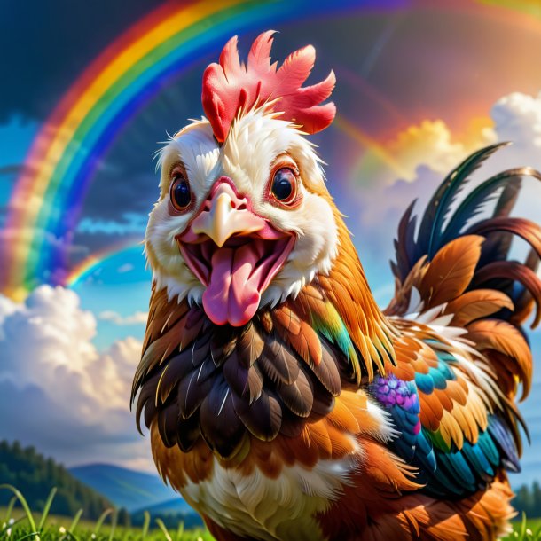 Picture of a smiling of a hen on the rainbow