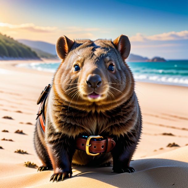 Foto de um wombat em um cinto na praia