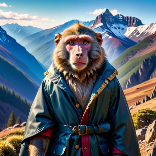 Picture of a baboon in a coat in the mountains