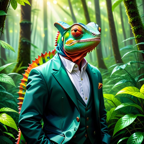 Illustration of a chameleon in a jacket in the forest