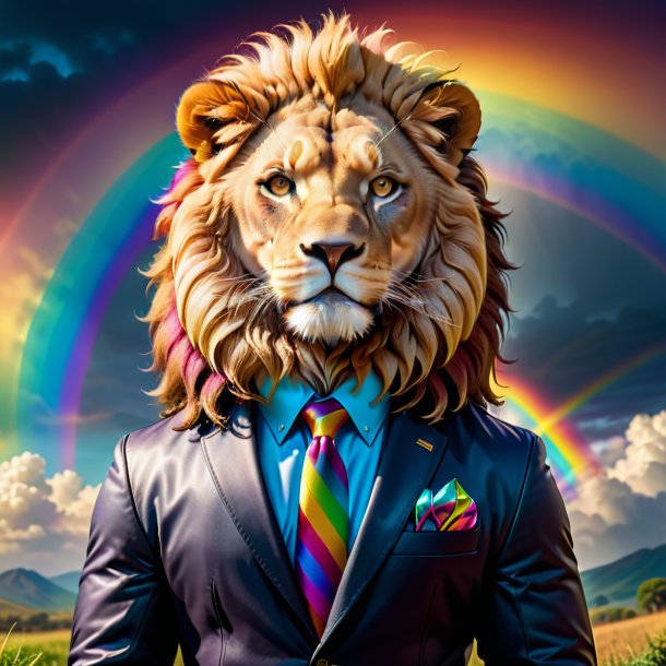 Photo of a lion in a jacket on the rainbow