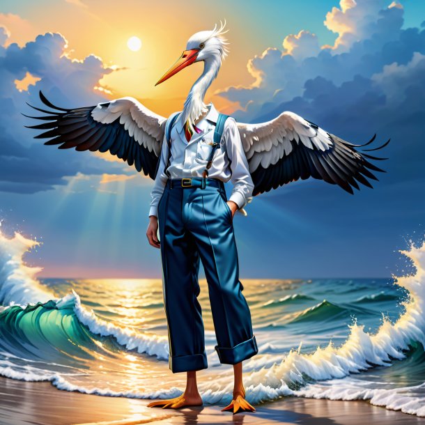 Illustration of a stork in a trousers in the sea