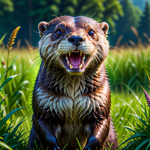 Image d'une colère d'une loutre dans la prairie