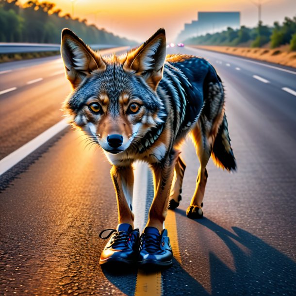 Photo of a jackal in a shoes on the highway