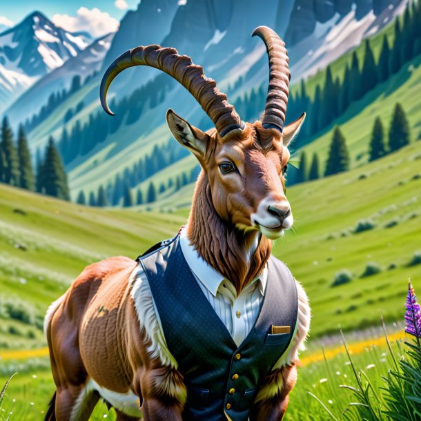 Picture of a ibex in a vest in the meadow