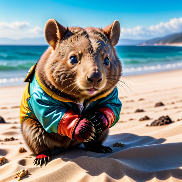 Picture of a wombat in a gloves on the beach