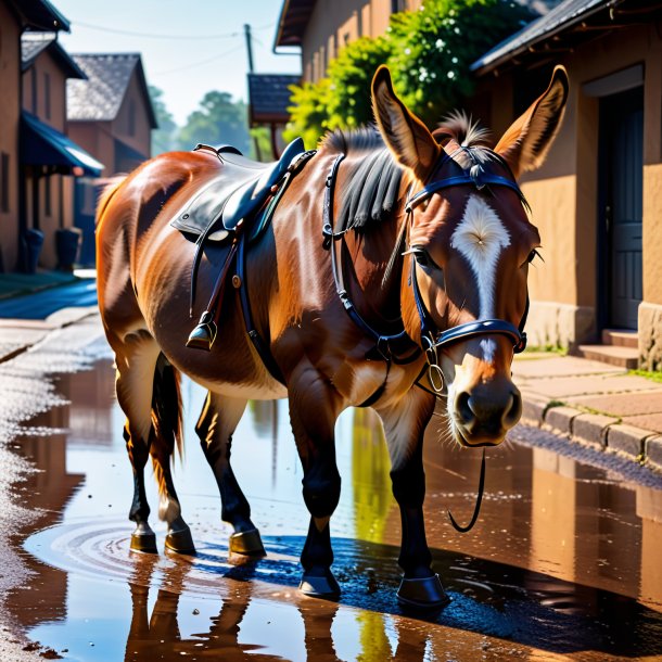 Picture of a mule in a hat in the puddle