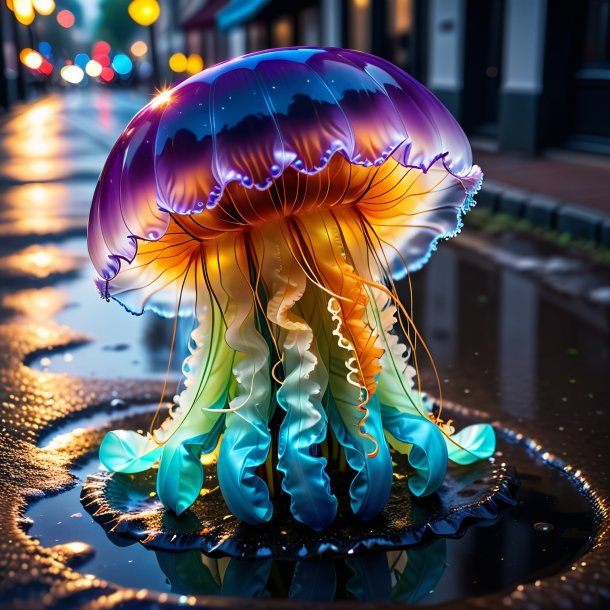 Foto de una medusa en guantes en el charco