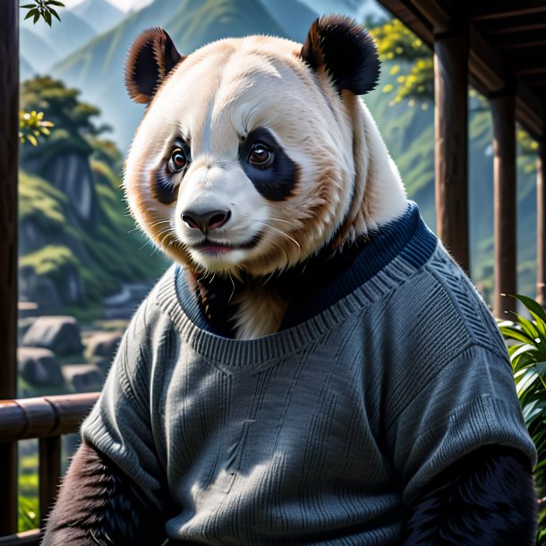 Pic of a giant panda in a gray sweater