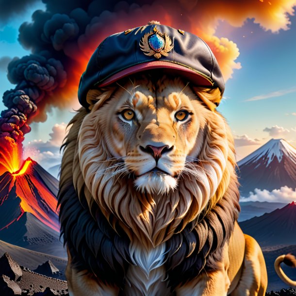 Pic of a lion in a cap in the volcano