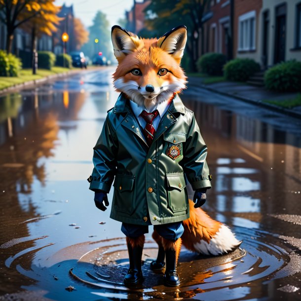 Photo of a fox in a jacket in the puddle