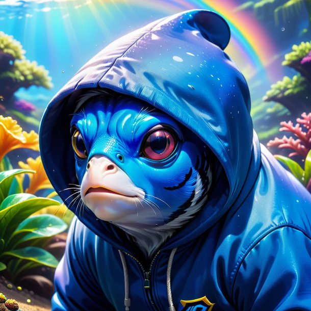 Imagem de um tang azul em um hoodie no arco-íris