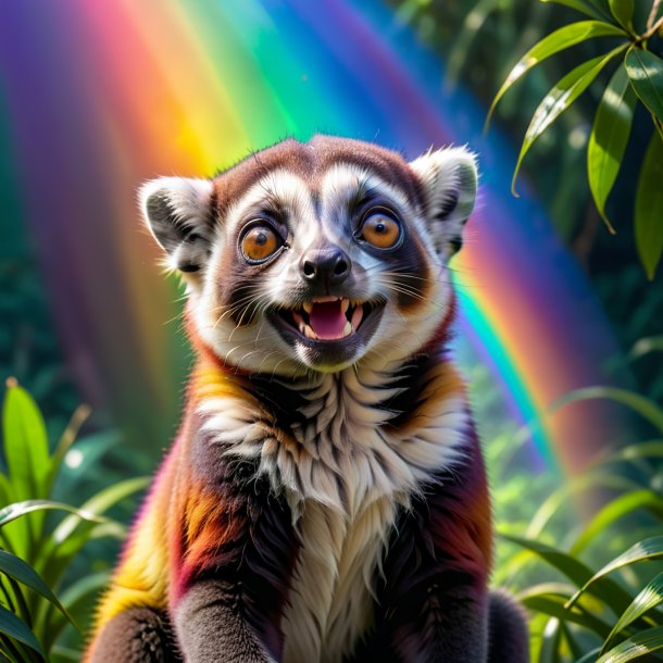 Foto de una sonrisa de un lémur en el arco iris