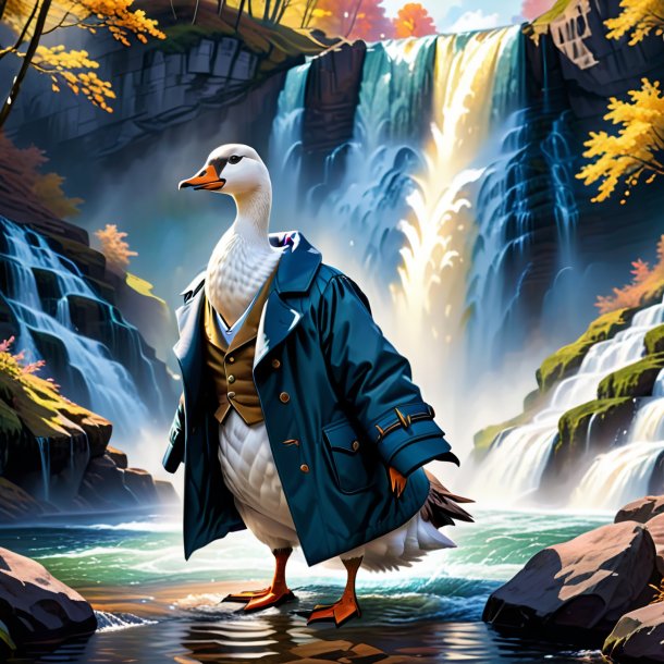 Illustration of a goose in a coat in the waterfall