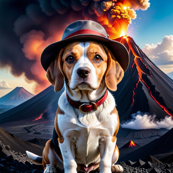 Photo of a beagle in a hat in the volcano