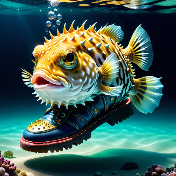 Illustration of a pufferfish in a shoes in the water