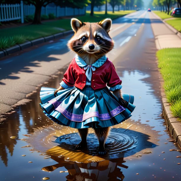 Illustration of a raccoon in a skirt in the puddle