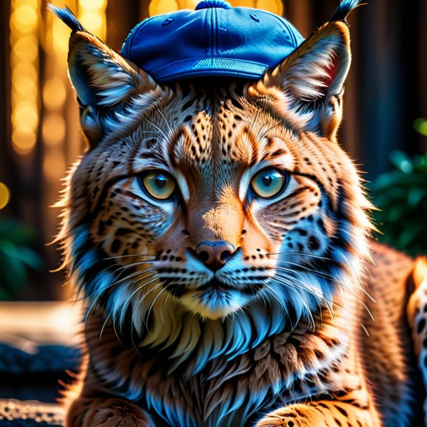 Image of a lynx in a blue cap