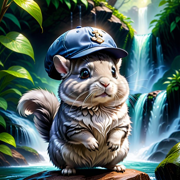 Illustration of a chinchillas in a cap in the waterfall