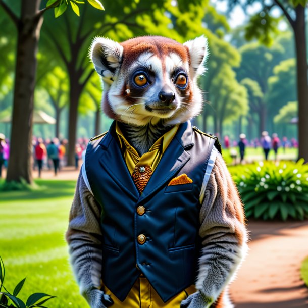 Photo of a lemur in a vest in the park