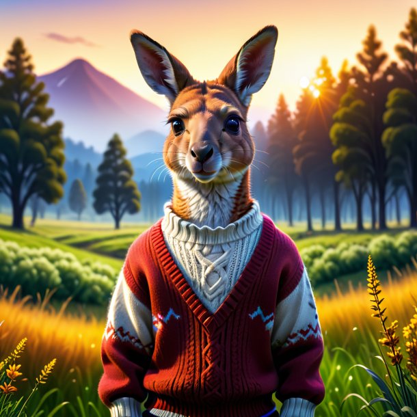 Picture of a kangaroo in a sweater in the meadow