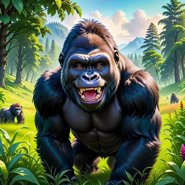 Picture of a smiling of a gorilla in the meadow