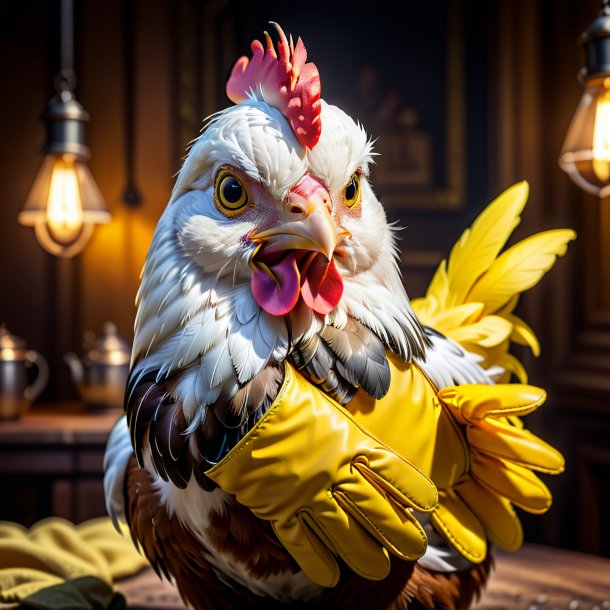 Photo of a hen in a yellow gloves