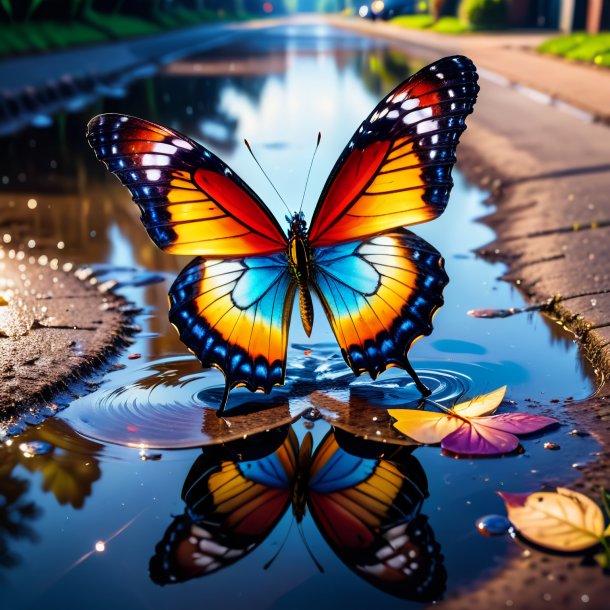 Image of a butterfly in a gloves in the puddle