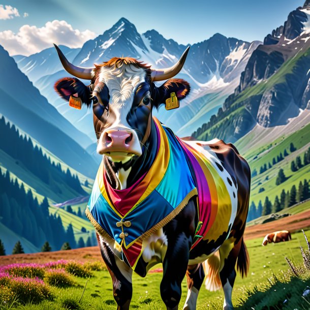 Imagem de uma vaca em um colete nas montanhas