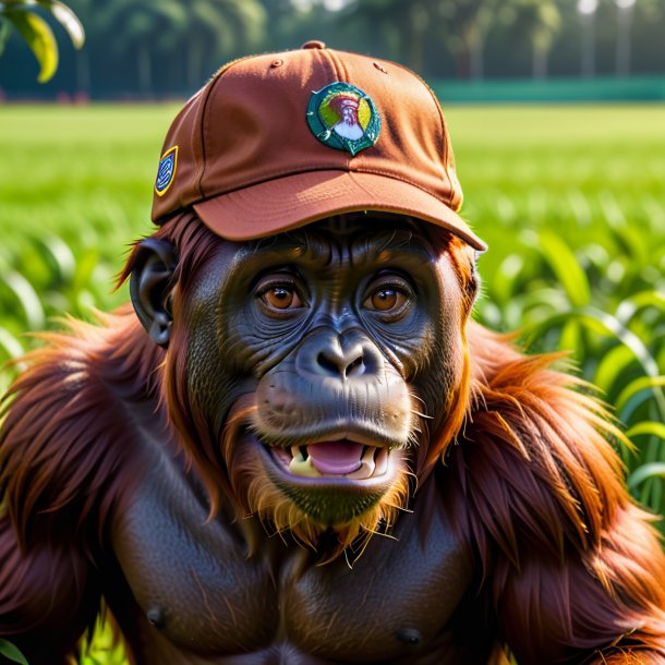 Foto de um orangotango em um boné no campo