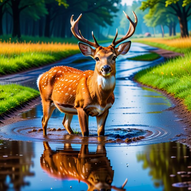 Pic of a smiling of a deer in the puddle