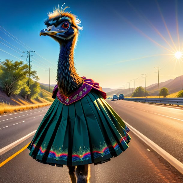 Drawing of a emu in a skirt on the highway