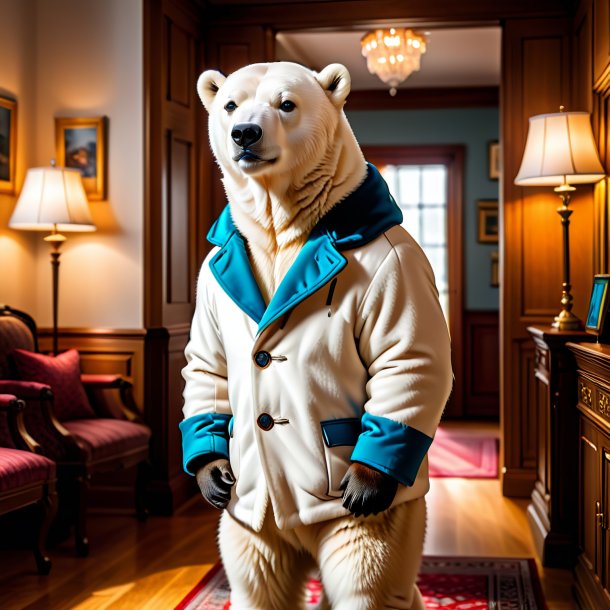 Picture of a polar bear in a coat in the house