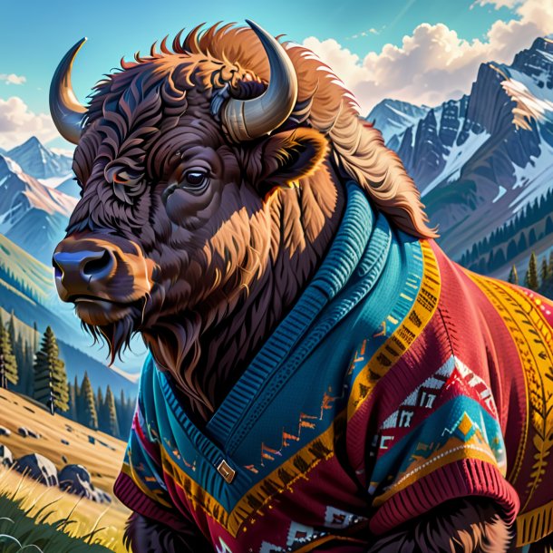 Drawing of a bison in a sweater in the mountains