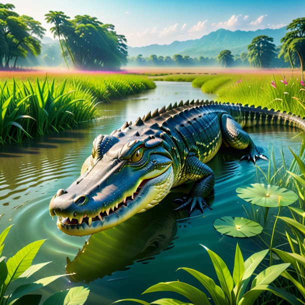 Pic d'une baignade d'un crocodile dans la prairie